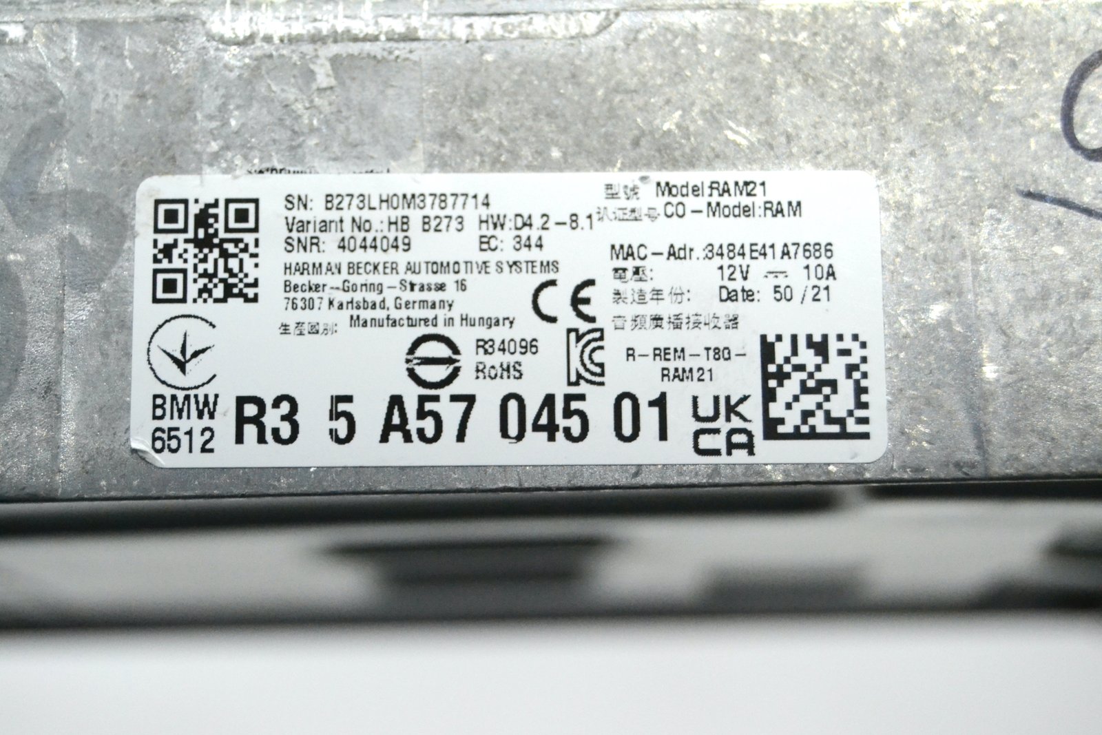 5A57045 9433827 bmw G01 G20 G05 MID DAB RAM